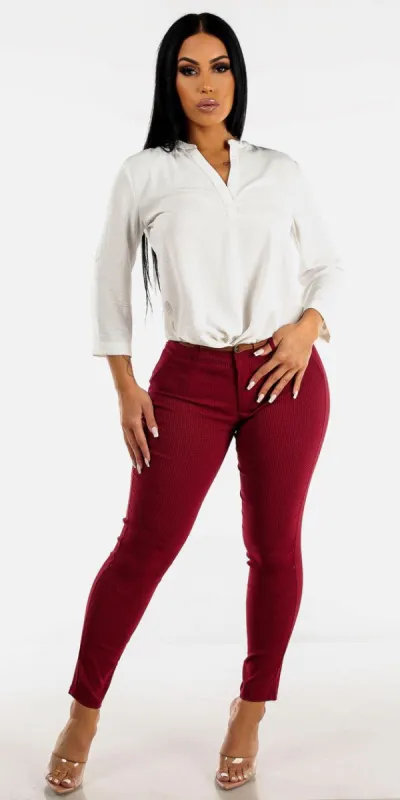 Mid Rise Polka Dot Burgundy Skinny Pants with Quarter Sleeve White Blouse sold by Moda