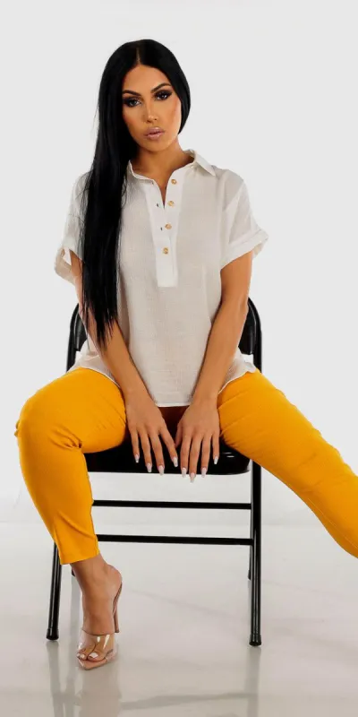 Mid Rise Yellow Polka Dot Skinny Pants with White Cap Sleeve Blouse sold by Moda