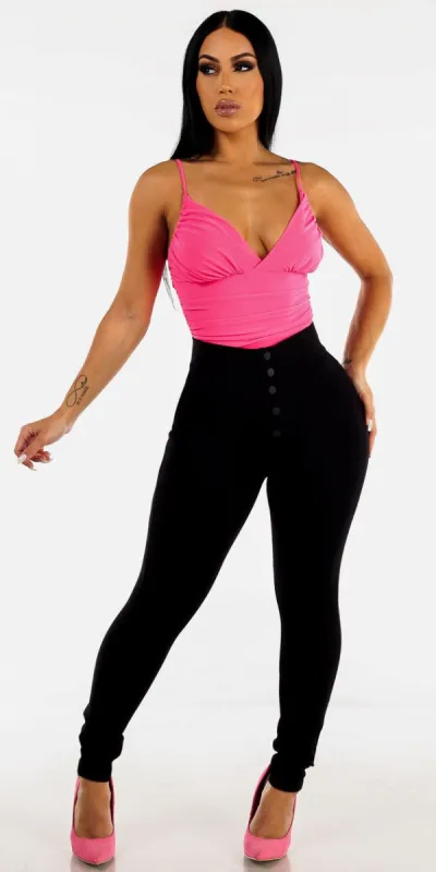 High Waisted Black Skinny Pants with Hot Pink Sleeveless Mesh Bodysuit sold by Moda