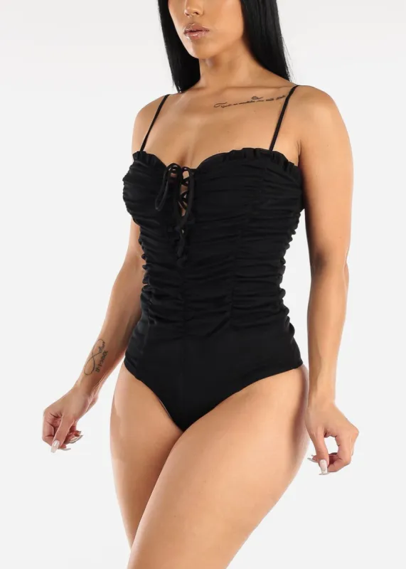 Sleeveless Lace Up Ruched Black Bodysuit sold by Moda
