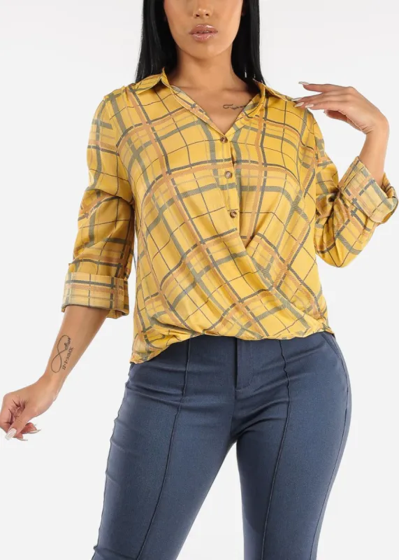Long Sleeve Yellow Plaid Shirt w Twisted Front sold by Moda