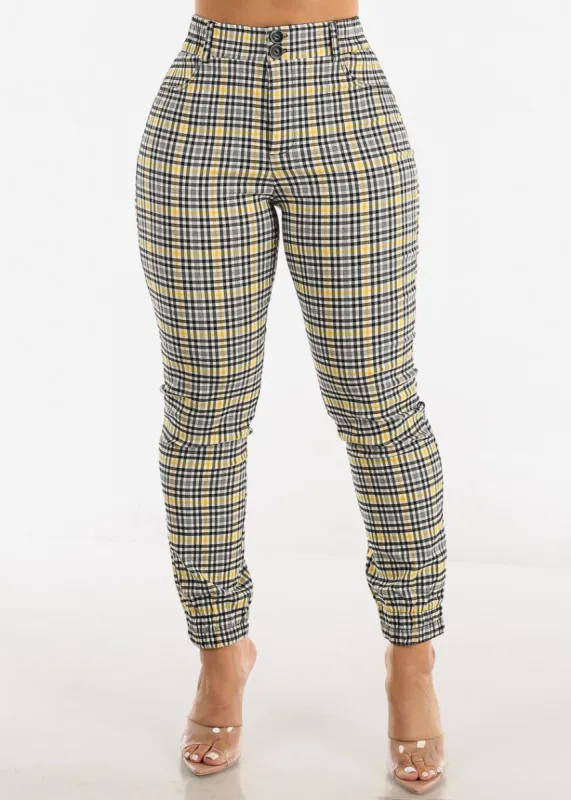 High Waisted Plaid Jogger Pants Yellow & Black sold by Moda