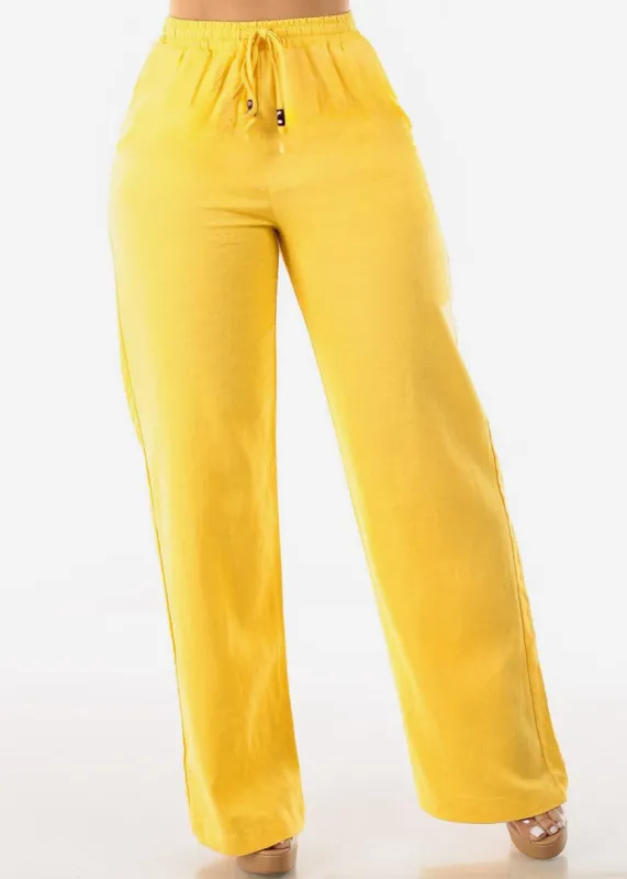 Yellow Linen Drawstring Waist Straight Leg Pants sold by Moda