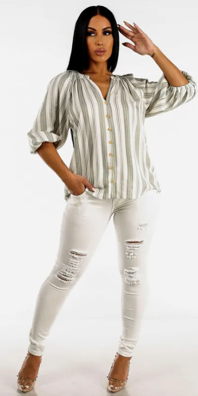 White Butt Lifting Ripped Skinny Jeans with Quarter Sleeve Stripe Blouse Sage sold by Moda