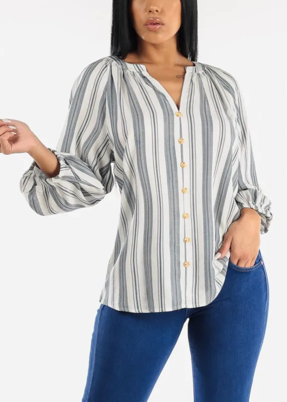 Quarter Sleeve Elastic Cuff Stripe Blouse Navy sold by Moda