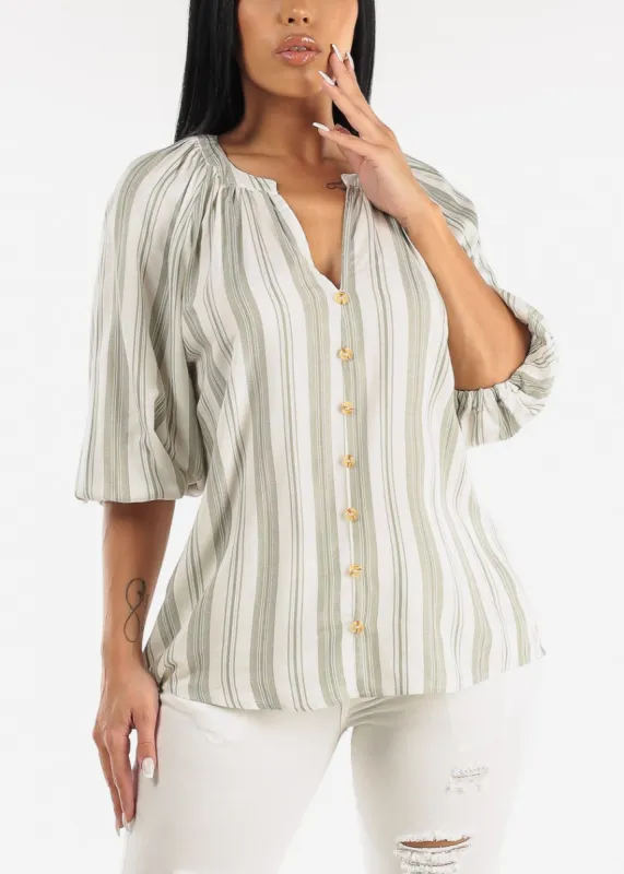 Quarter Sleeve Elastic Cuff Stripe Blouse Sage sold by Moda