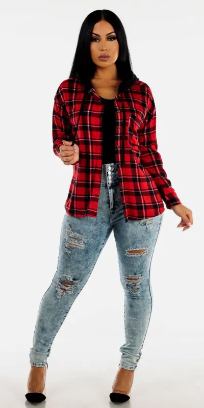 Acid Wash Jeans Black Tee and Flannel Shacket sold by Moda
