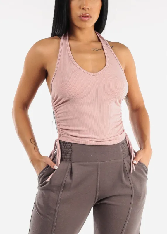 Pink Ribbed Halter Top w Drawstring Sides sold by Moda