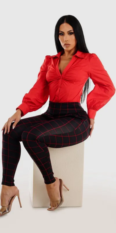 Black Butt Lifting Printed Skinny Pants with Red Long Sleeve Button Up Collared Bodysuit sold by Moda