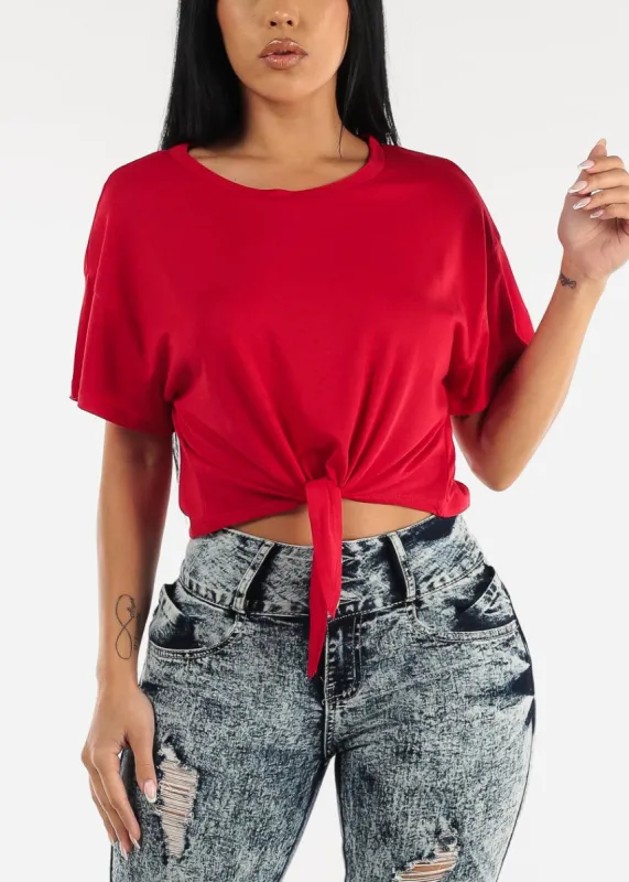 Red Oversized Tie Front Short Sleeve T-Shirt sold by Moda