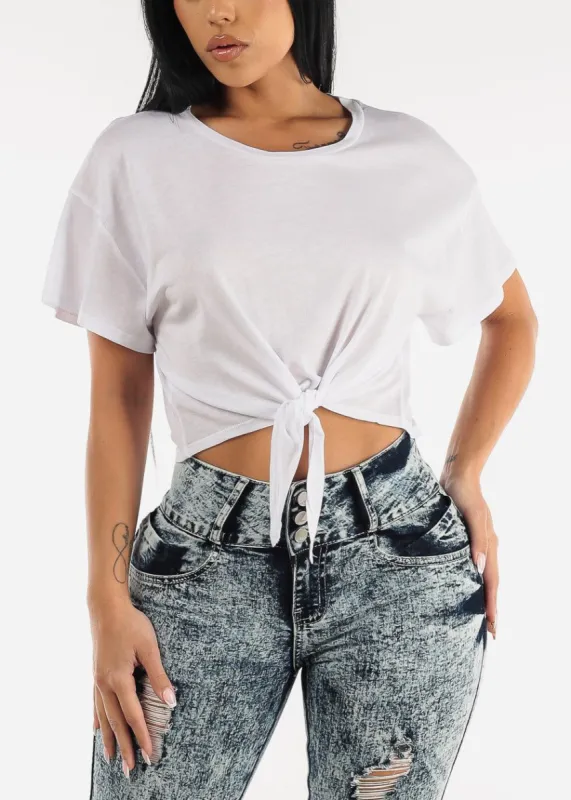 White Oversized Tie Front Short Sleeve T-Shirt sold by Moda