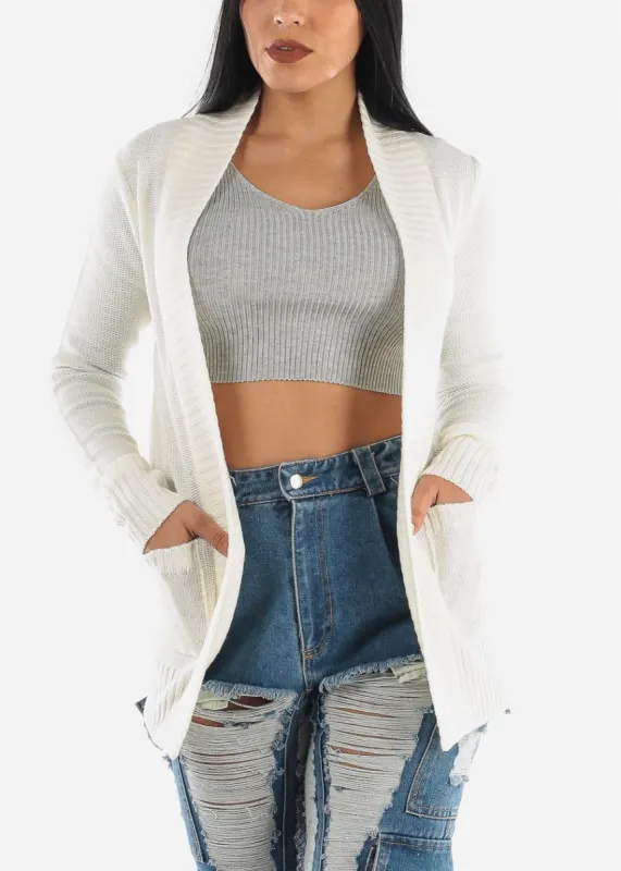 White Open Front Pocket Cardigan sold by Moda