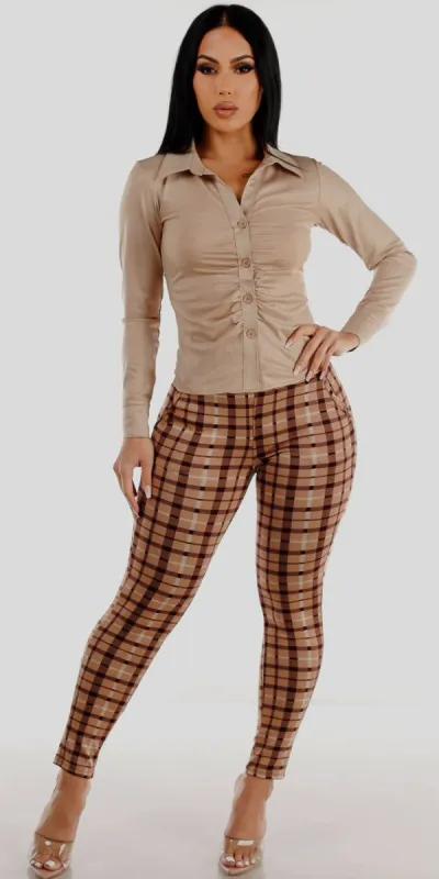 Beige Butt Lifting Plaid Skinny Pants with Beige Button Up Pleather Collared Blouse sold by Moda