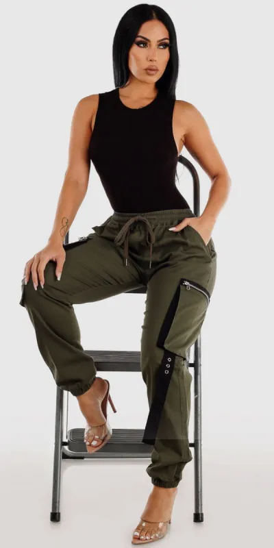 Olive Drawstring Waist Cargo Jogger Pants with Black Sleeveless Ribbed Bodysuit sold by Moda