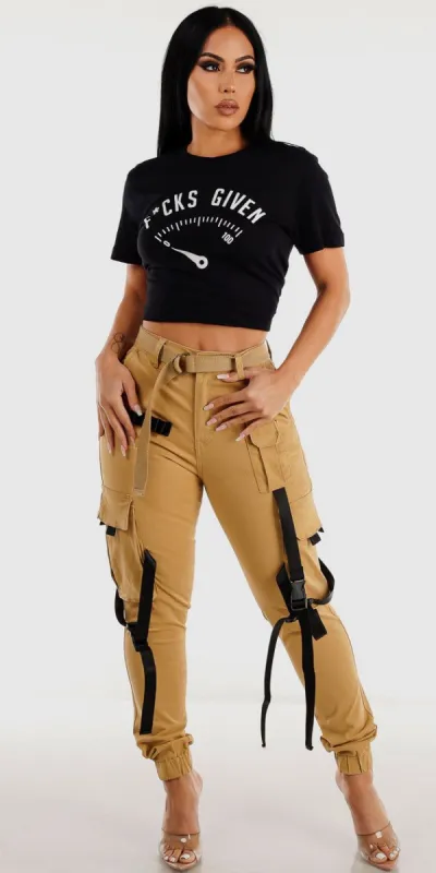 Khaki Utility Cargo Jogger Pants with Black Short Sleeve Graphic T-Shirt sold by Moda