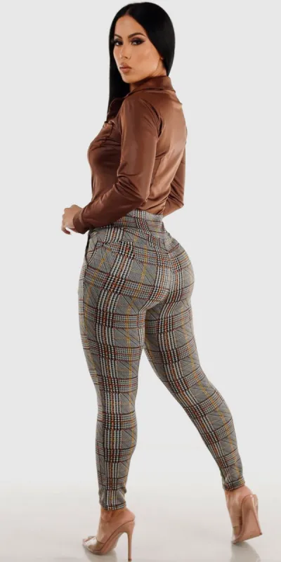 High Waist Plaid Butt Lifting Skinny Pants with Brown Faux Leather Button Up Shirt sold by Moda