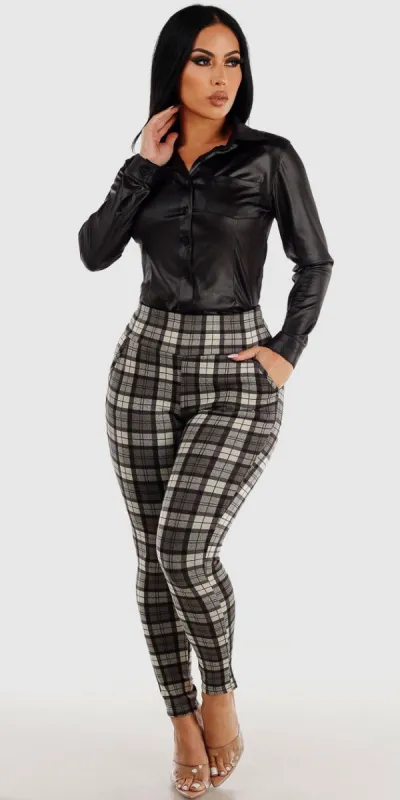 Grey High Waist Butt Lifting Plaid Skinny Pants with Black Button Up Pleather Collared Blouse sold by Moda