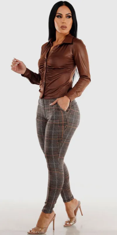 High Rise Plaid Butt lifting Skinny Pants with Long Sleeve Button Up Brown Pleather Shirt sold by Moda