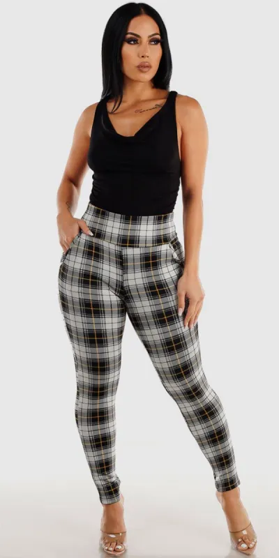 White Plaid Skinny Pants Outfit sold by Moda