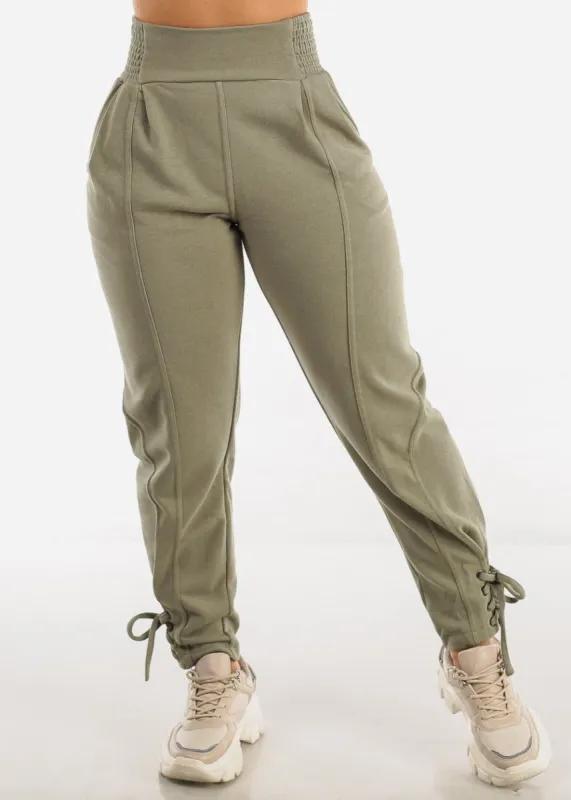 High Waisted Ankle Tied Joggers Light Olive sold by Moda