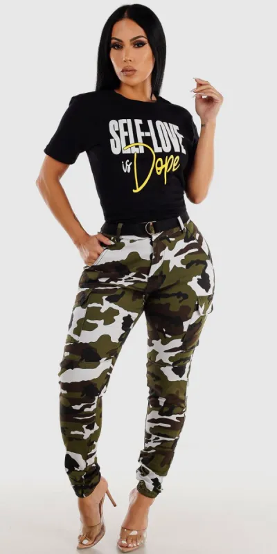 Camouflage Cargo Jogger Pants with Short Sleeve Self Love Black Graphic T-Shirt sold by Moda