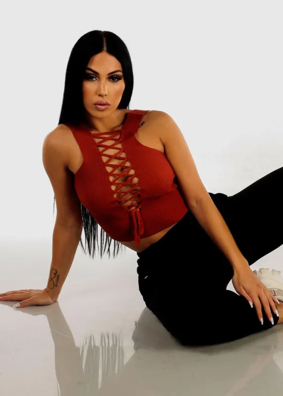 Open Lace Up Back Ribbed Knit Top Rust sold by Moda