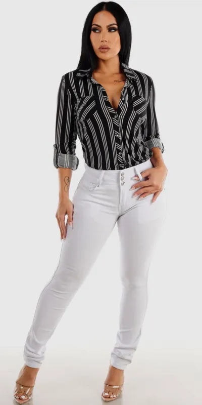 White Mid Rise Butt Lifting Skinny Jeans with Button Up Black Stripe Shirt sold by Moda