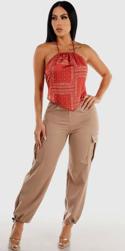 High Waisted Beige Cargo Pants with Satin Halter Bandana Crop Top sold by Moda