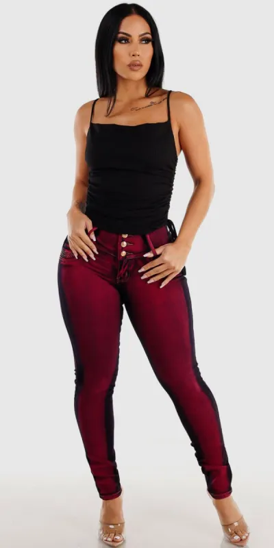 Red Acid Wash Butt Lifting Skinny Jeans with Sleeveless Black Ruched Sides Top sold by Moda