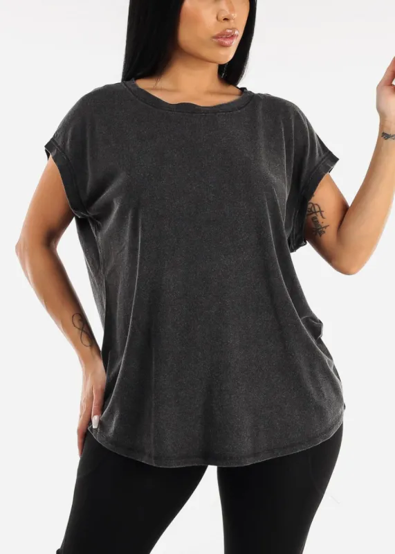 Black Cap Sleeve Cut Out Back Athleisure Top sold by Moda