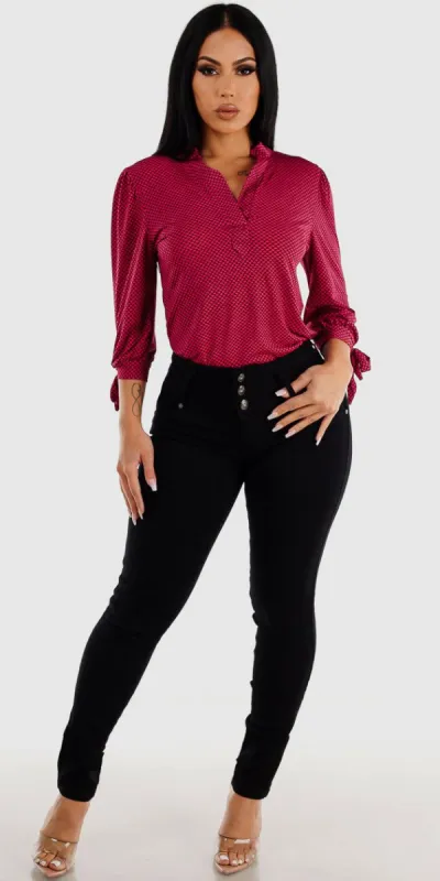Black Levantacola Skinny Jeans with Pink Quarter Sleeve Printed Blouse sold by Moda