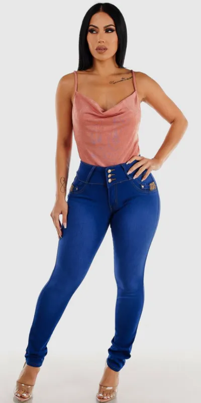 Blue Mid Rise Butt Lifting Skinny Jeans with Sleeveless Cowl Neck Pink Bodysuit sold by Moda