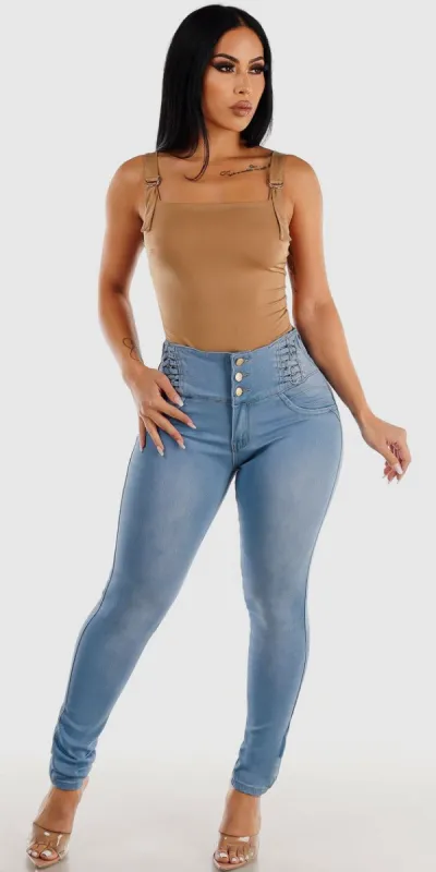 High Waisted Levantacola Skinny Jeans with Sleeveless Khaki Thong Bodysuit sold by Moda