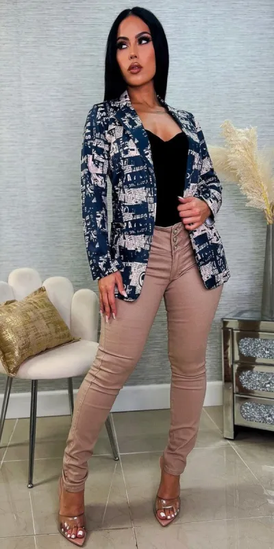 Mid Rise Khaki Butt Lifting Skinny Jeans Sleeveless Black Bodysuit and Long Sleeve Navy Printed Blazer sold by Moda