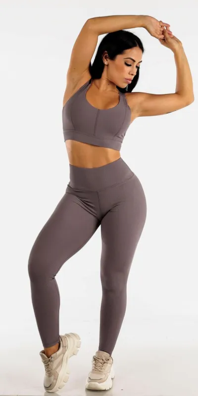 Workout Ribbed Dak Lilac Leggings with Adjustable Straps Sports Bra sold by Moda