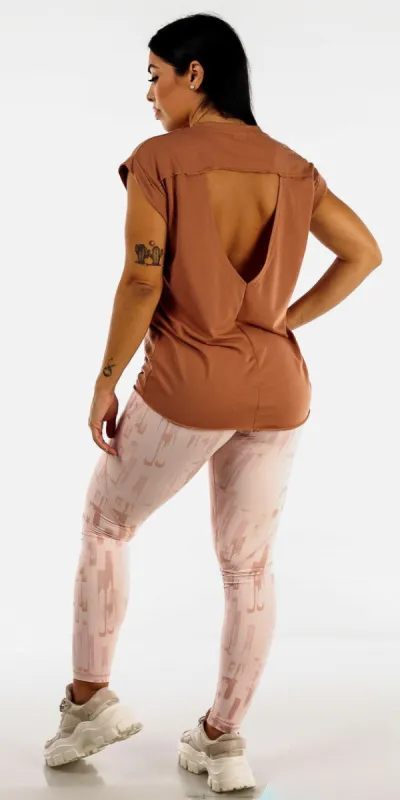 Workout Pink Printed Leggings with Open Back Light Brown Active Tee sold by Moda