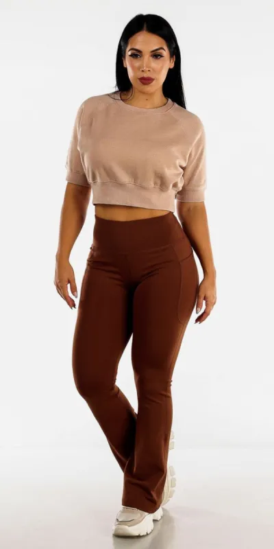Flared Activewear Brown Leggings with Short Sleeve Cropped Top sold by Moda