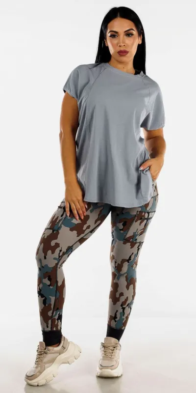 Camo Hybrid Cargo Joggers Black Racerback Sports Bra Tank and Light Blue Crewneck Tunic Tee sold by Moda