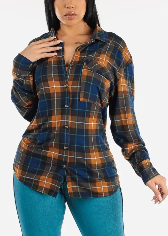 Long Sleeve Button Up Plaid Shirt Brown & Navy sold by Moda