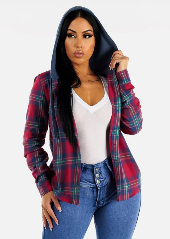 Long Sleeve Flannel Hoodie Shacket Red & Blue sold by Moda