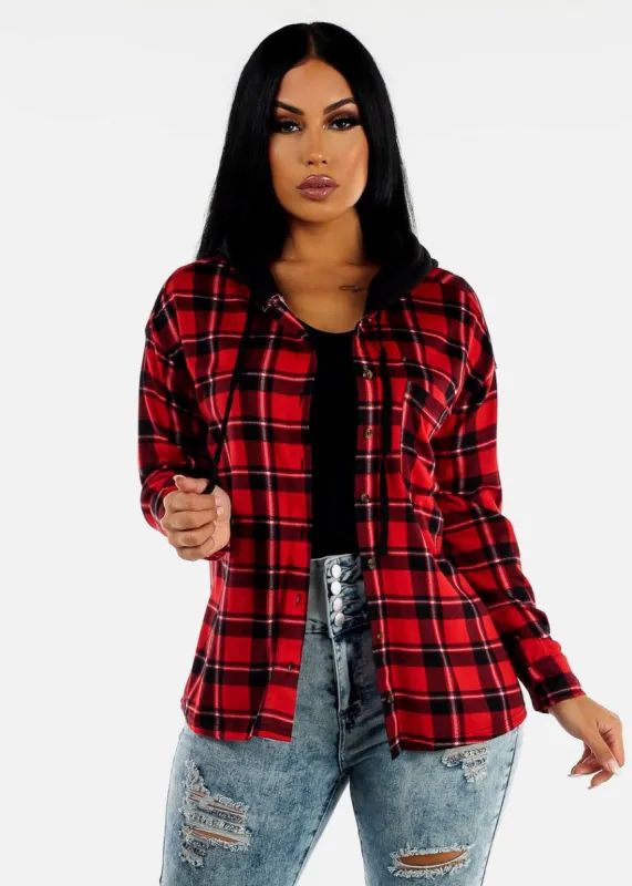 Long Sleeve Flannel Hoodie Shacket Red sold by Moda