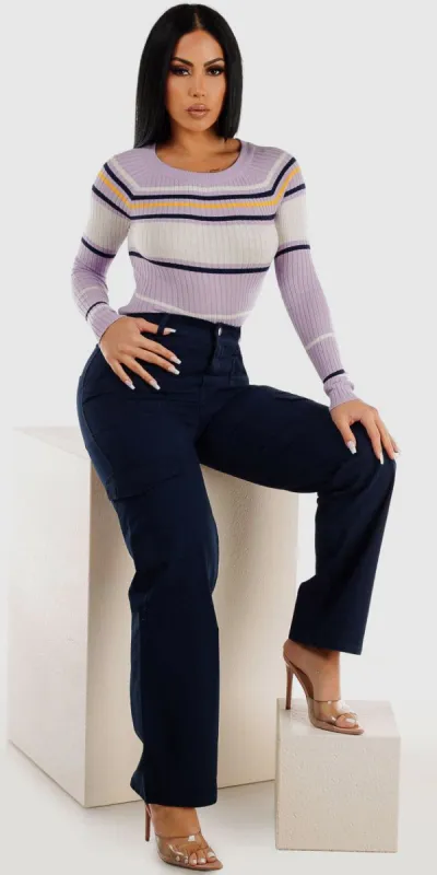 Navy Wide Legged Cotton Cargo Pants with Lilac Long Sleeve Stripe Sweater sold by Moda
