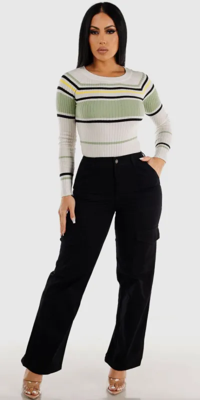 Black Wide Legged Cotton Cargo Pants with Long Sleeve Stripe Sage Sweater sold by Moda