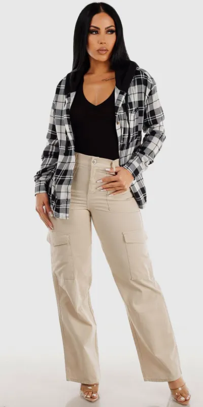 Cotton Wide Legged Khaki Cargo Pants Short Sleeve Black Bodysuit and B&W Plaid Hoodie Shacket sold by Moda
