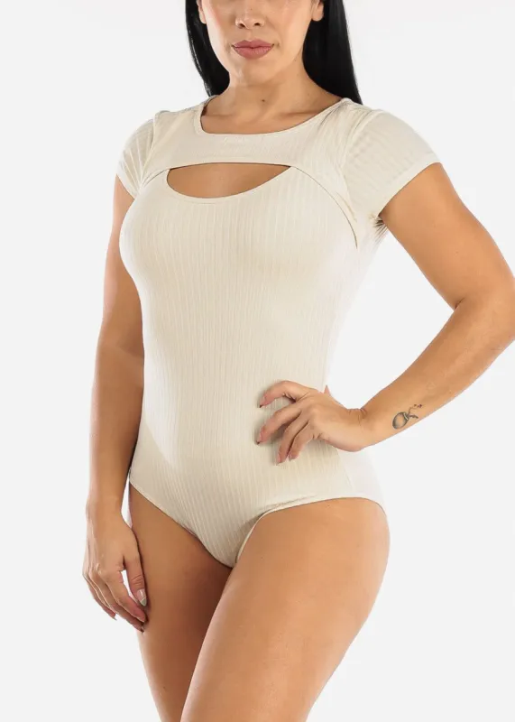 Short Sleeve Ribbed Cutout Neckline Bodysuit Cream sold by Moda