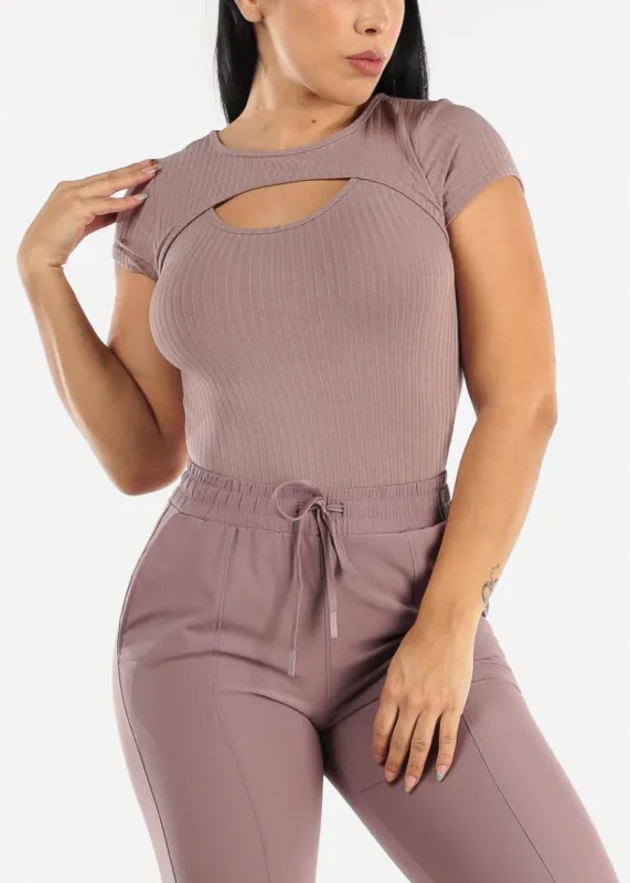 Short Sleeve Ribbed Cutout Neckline Bodysuit Dark Mauve sold by Moda