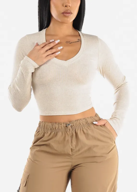Vneck Long Sleeve Ribbed Crop Top Oatmeal sold by Moda