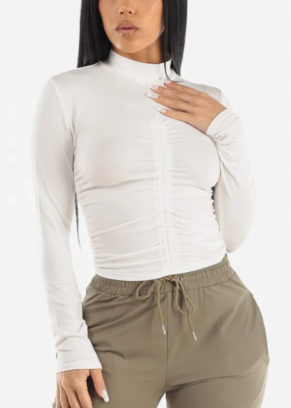 White Long Sleeve Front Ruched Mock Neck Top sold by Moda