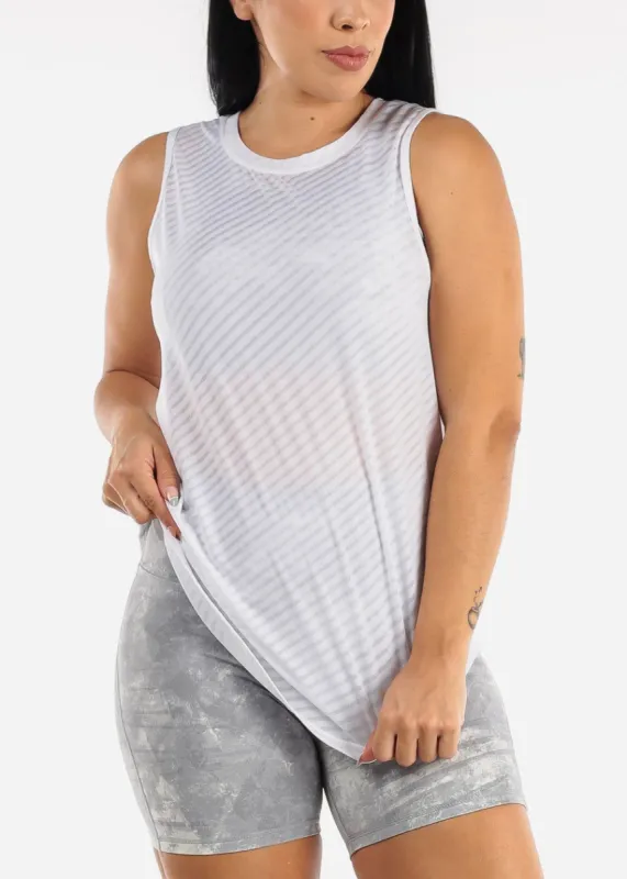 White Cut Out Back Sheer Striped Mesh Active Tank Top sold by Moda