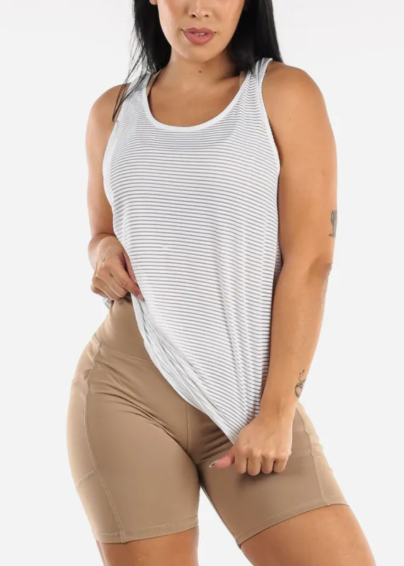 White Sheer Striped Mesh Racerback Active Tank Top sold by Moda